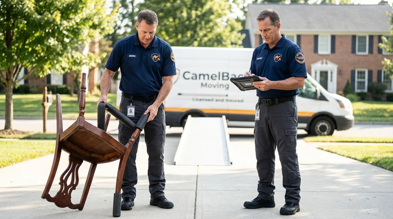 Movers inspecting furniture for damage prevention before loading in Irwinton, GA