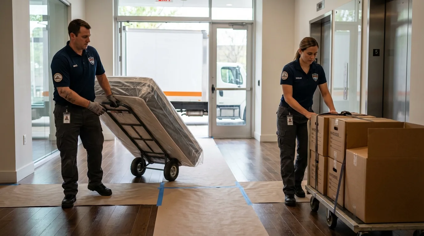 Professional apartment movers loading elevator in Irwinton, GA