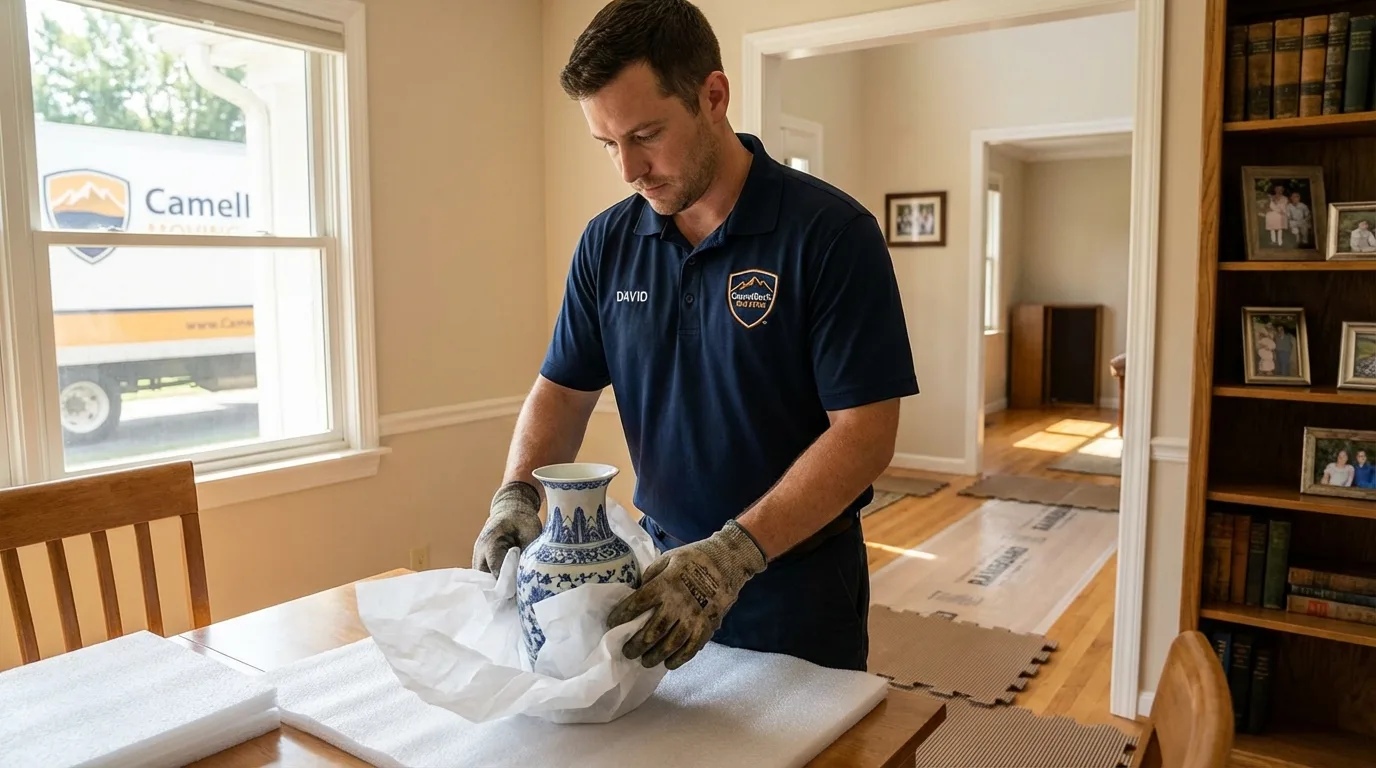 Professional crew carefully wrapping antique vase for senior downsizing move in Irwinton, GA